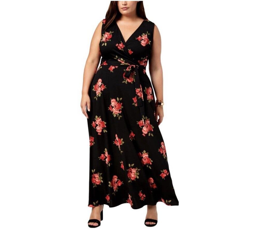 Rose Floral Maxi Sundress Love Squared Womens Plus Size 2X Black Wrap Top NWT